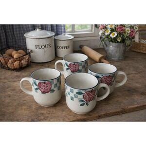 Vintage 90's Set Of 4 Tienshan Folk Craft Sponge Apple Coffee Mugs Cottagecore